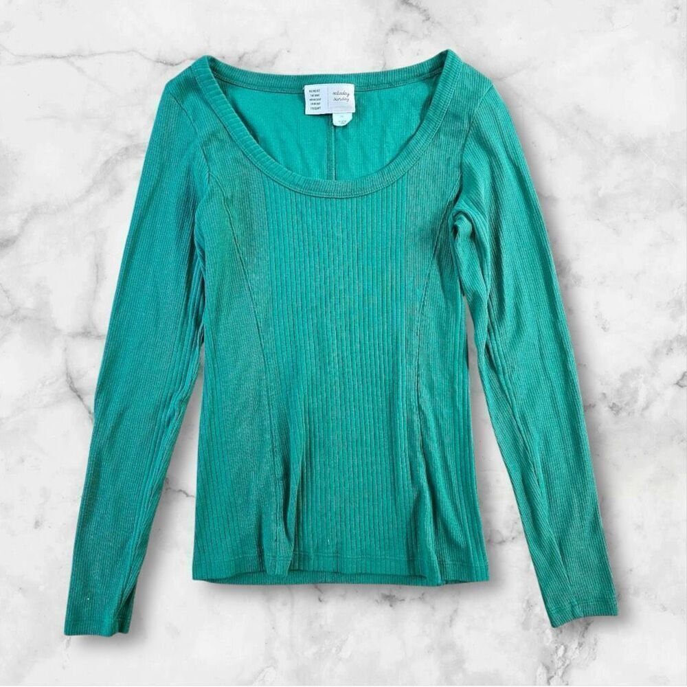 ✨anthropologie green ribbed long sleeve crewneck sz xs top✨